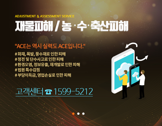 ADJUSTMENT & ASSESSMENT SERVICE 재물피해 / 농·수·축산피해 'ACE는 역시 실력도 ACE입니다.' #화재,폭팔, 풍수재로 인한 피해 #정전 및 단수사고로 인한 피해 #환경오염, 정보유출, 재개발로 인한 피해 #법원 특수감정 #부당이득금, 영업손실로 인한 피해 고객센터 1599-5212